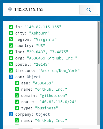 IP query result showing 140.82.115.155 belongs to GitHub