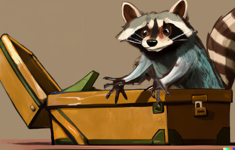 Raccoon reaching around in a toolbox, digital art
