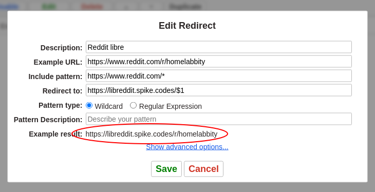 Redirector example settings